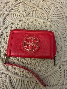 Tory Burch Red Leather Zip Wristlet with Logo Emblem